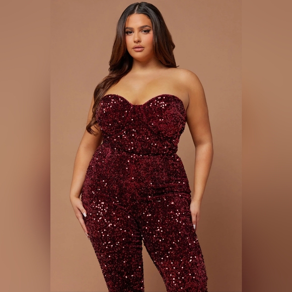 Fashion Nova Isabeli Sequin Jumpsuit Burgundy 1X - Picture 4 of 7